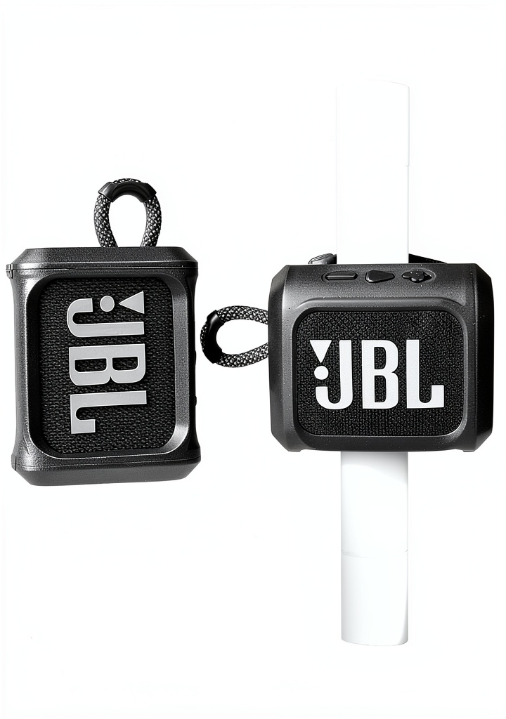 JBL Go 3 speaker with silicone case attached to a bike strap