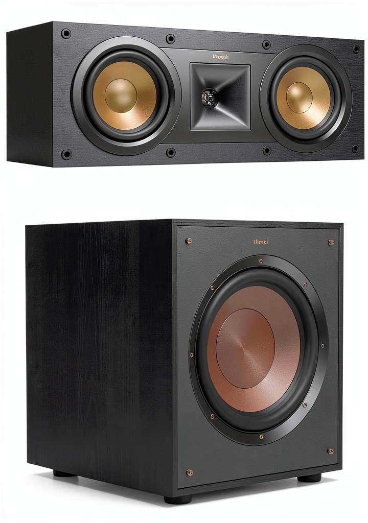 Klipsch R-100SW subwoofer placed on a modern entertainment console