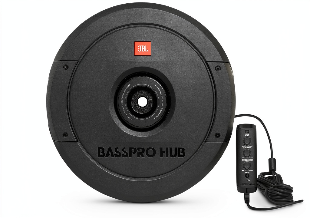 BassPro Hub subwoofer installed in a car dashboard